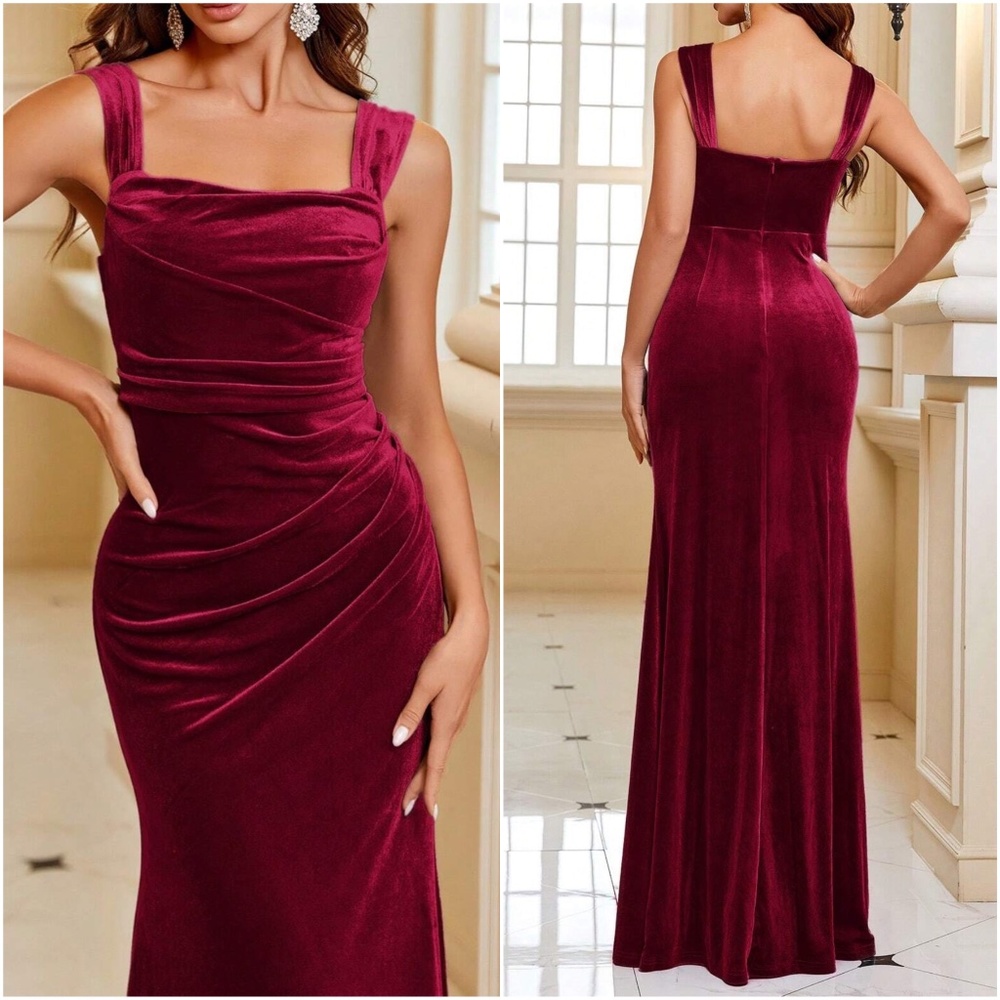 Luxe Velvet Ruched Party Formal Wedding Black Tie Maxi Dress - Picture 4 of 6